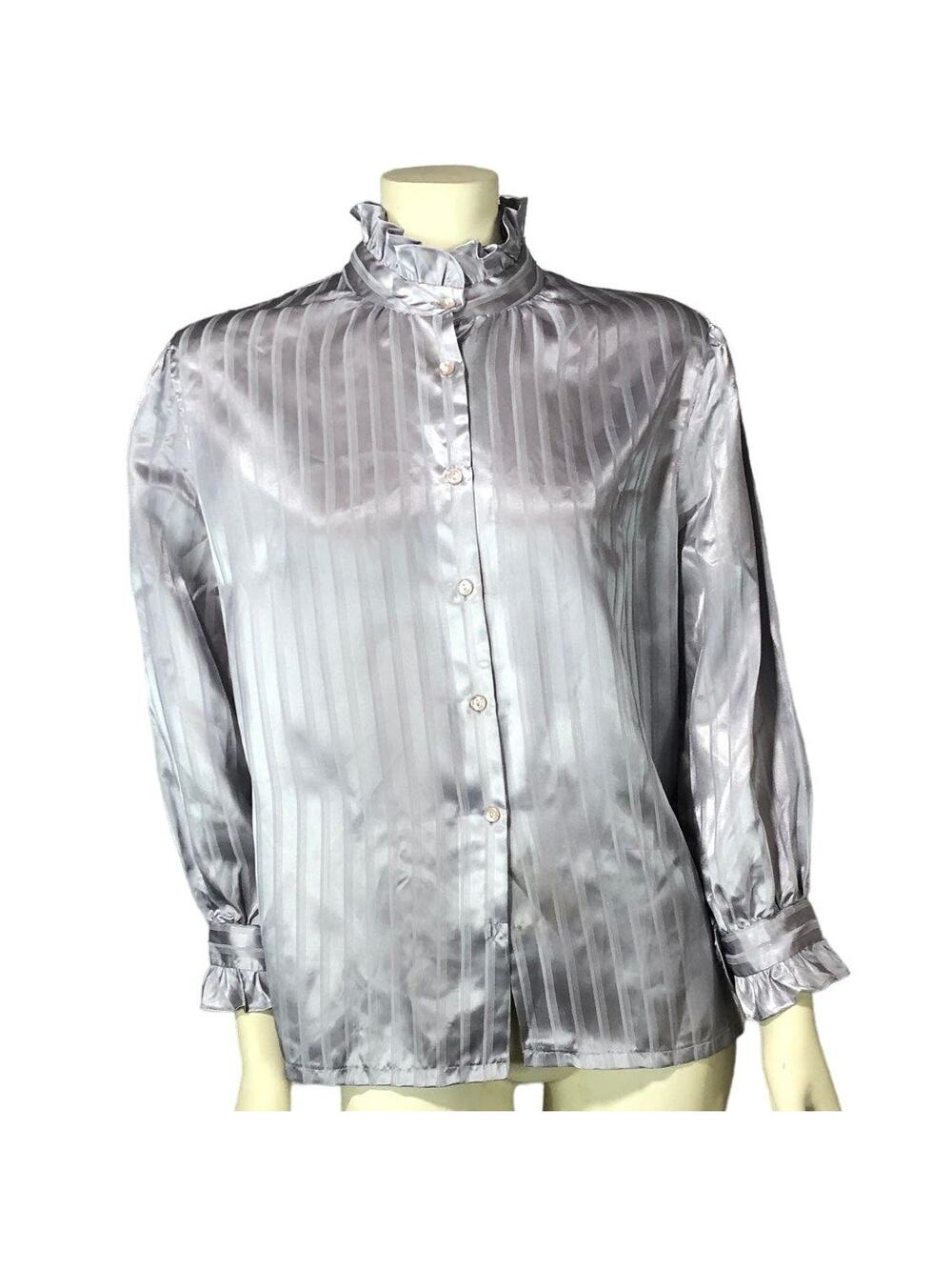 Vintage Alexander’s grey stripped blouse with ruffled neck and cuffs size 40